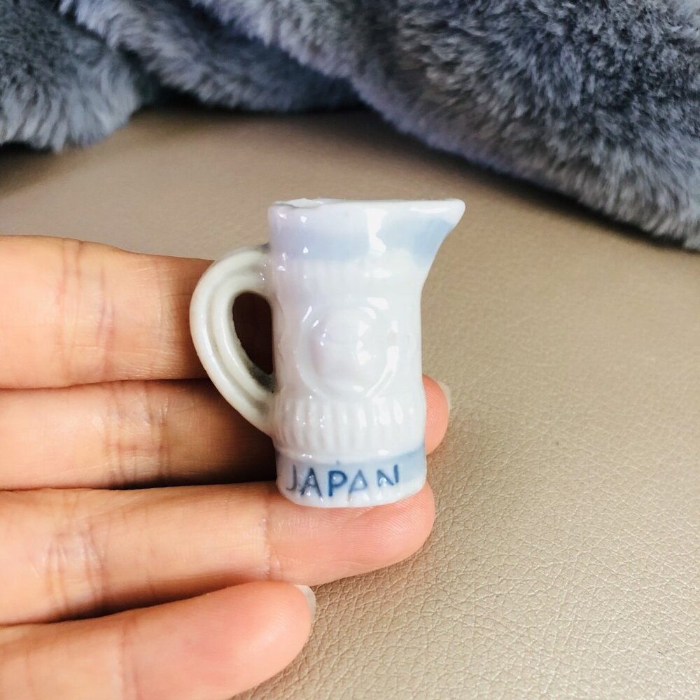 VTG pale Blue White Mini Pitcher Jug Vase Pot Porcelain Man Head JAPAN Art Decor